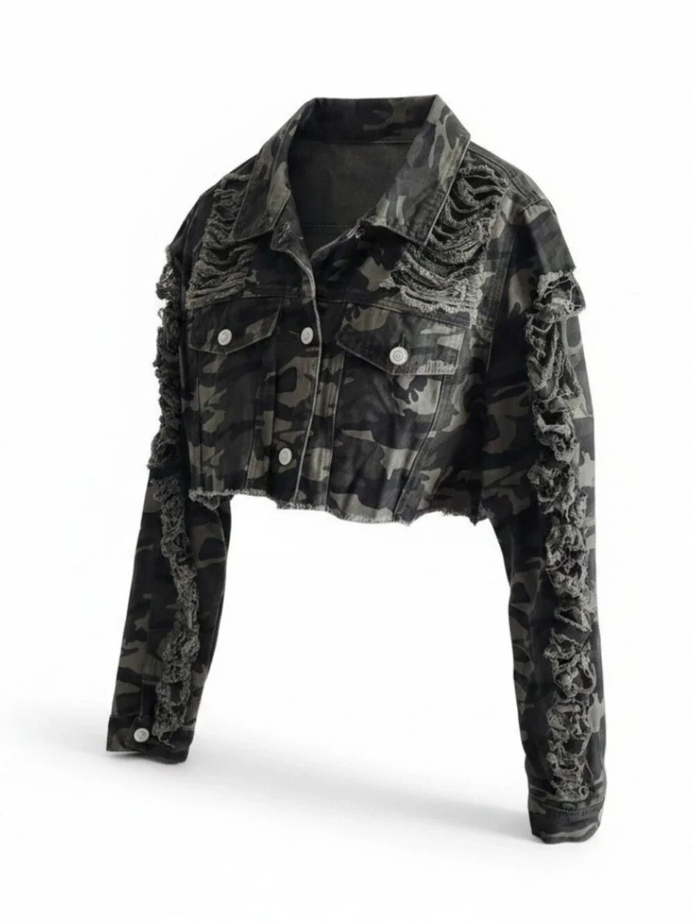 Shein Curve Women's 2XL Camouflage Jacket Green Cropped Front Frayed Distressed.